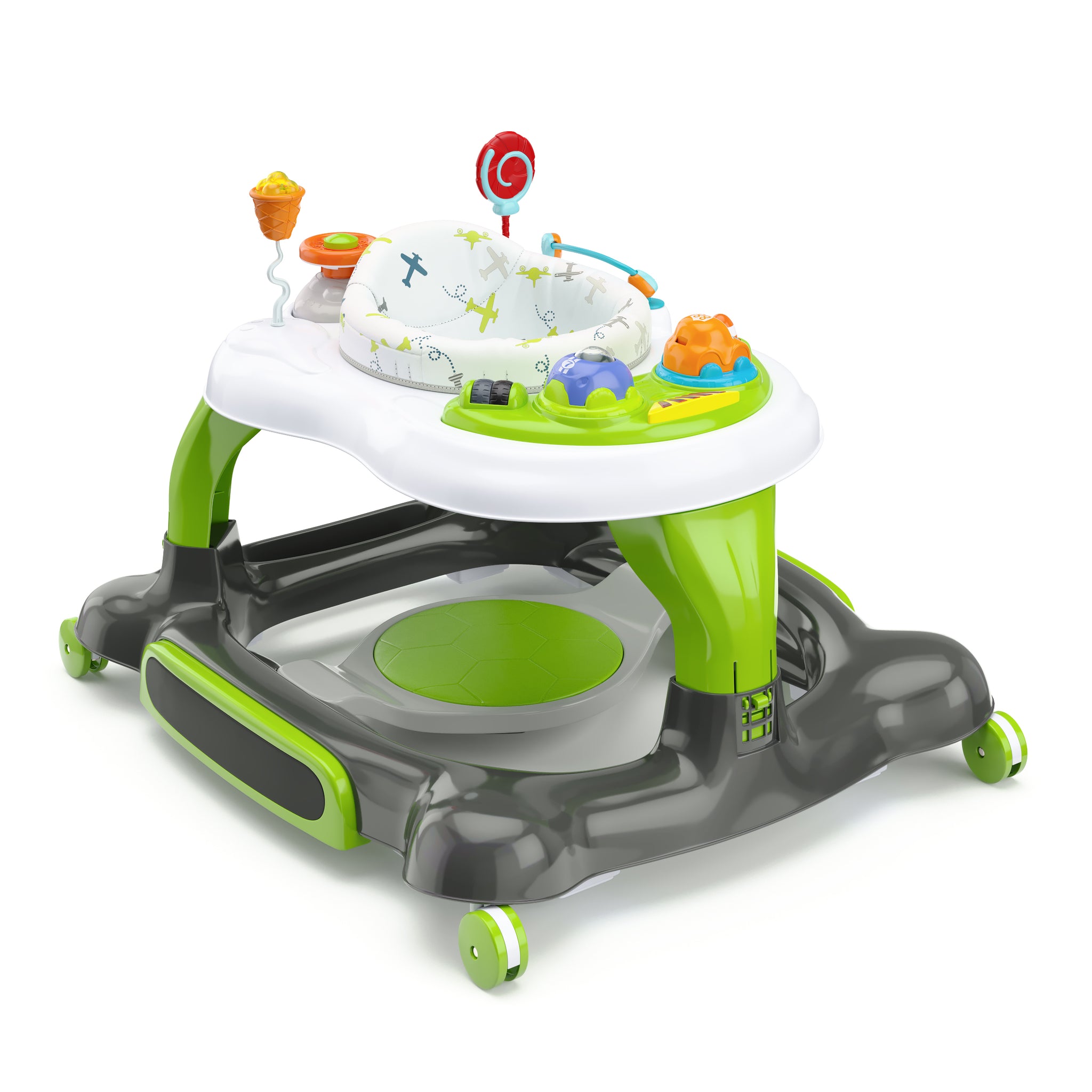 green Activity Walker with Jumping Board and Feeding Tray