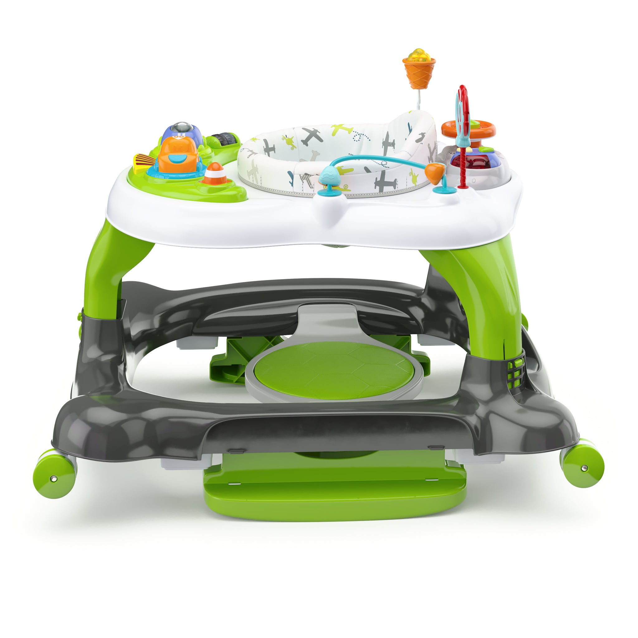 green Activity Walker with Jumping Board and Feeding Tray