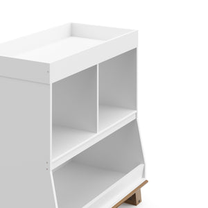 White with driftwood changing table with storage close-up view