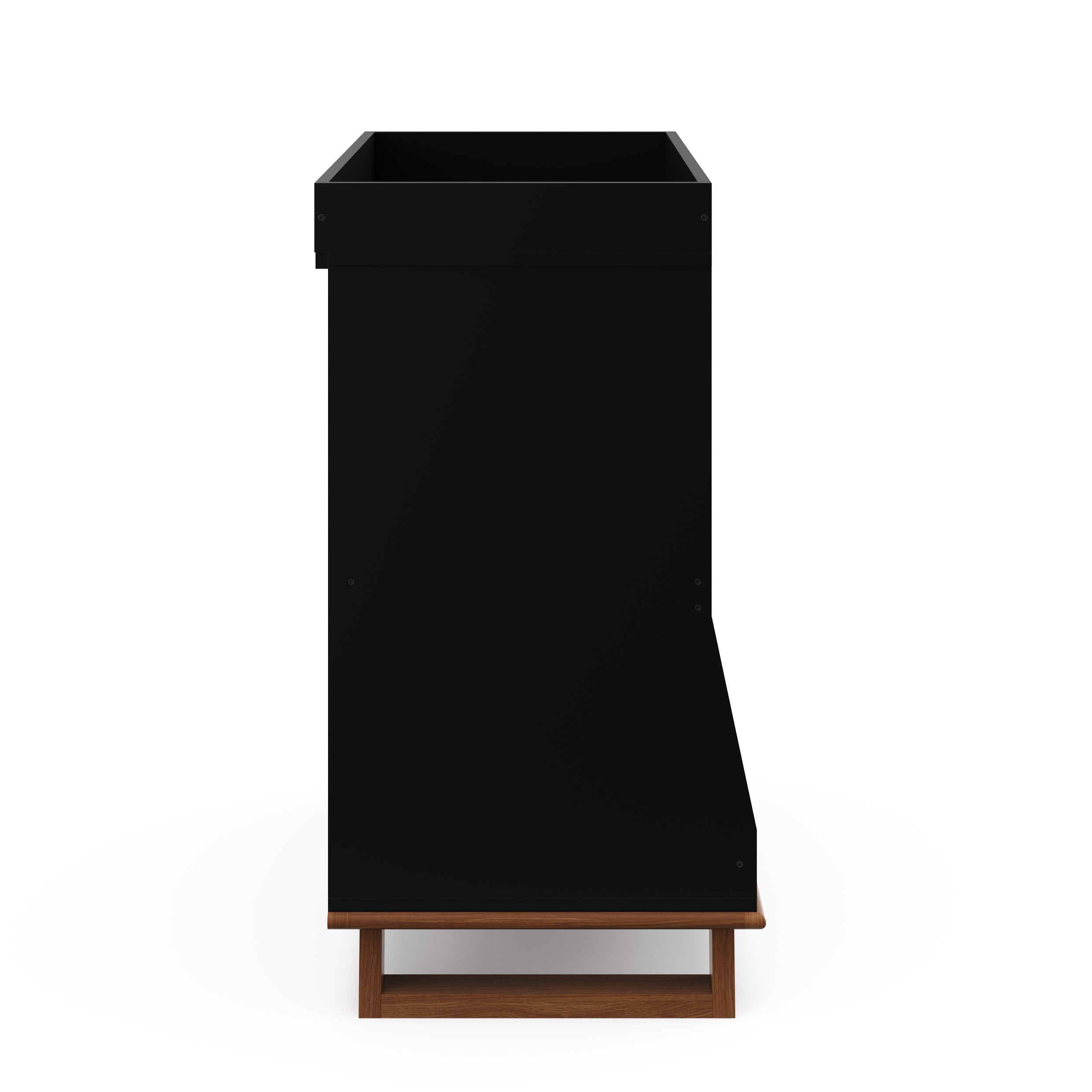 side view of black with vintage driftwood changing table with 3 storage shelves