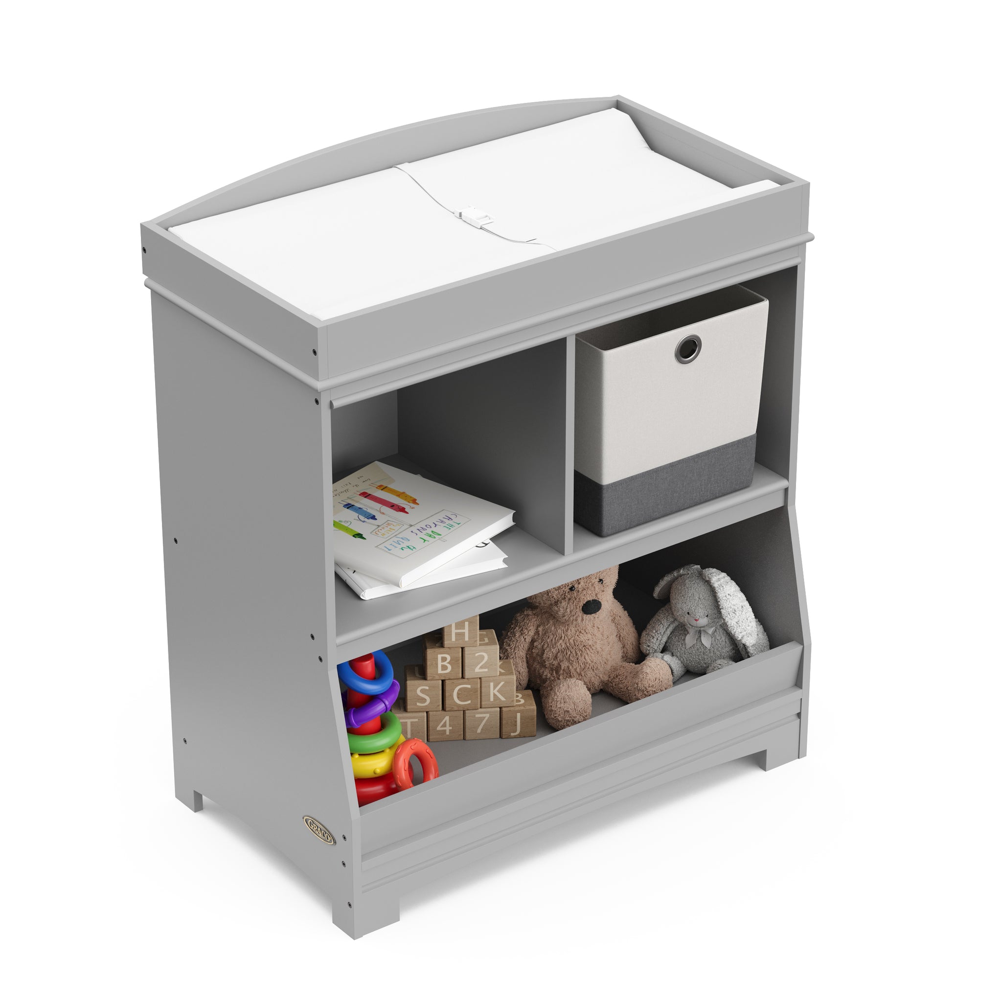 Bird’s-eye view of Pebble gray changing table and changing topper