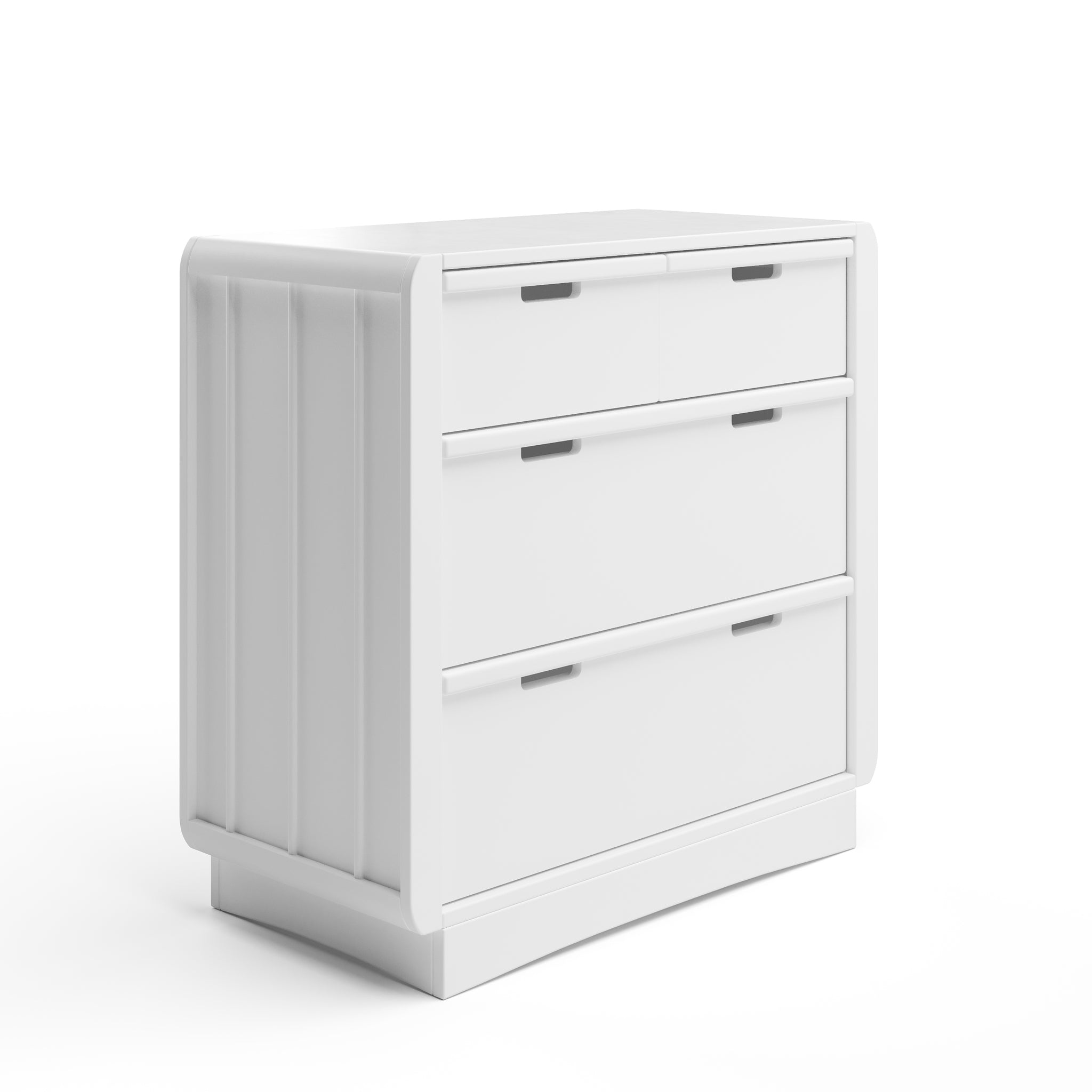 Front view of white 3 drawer chest without removable changing topper angled 
