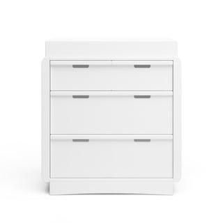 Front view of white 3 drawer chest with removable changing topper 