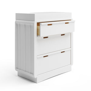 Side view of White 3 drawer chest with removable changing topper with open drawer 