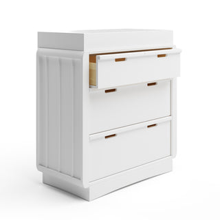 Side view of White 3 drawer chest with removable changing topper with open drawer 