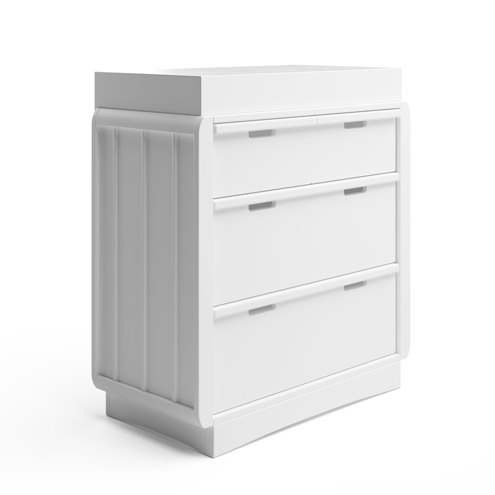 White 3 drawer chest with removable changing topper angled 