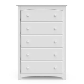 Front view of white 5 drawer chest