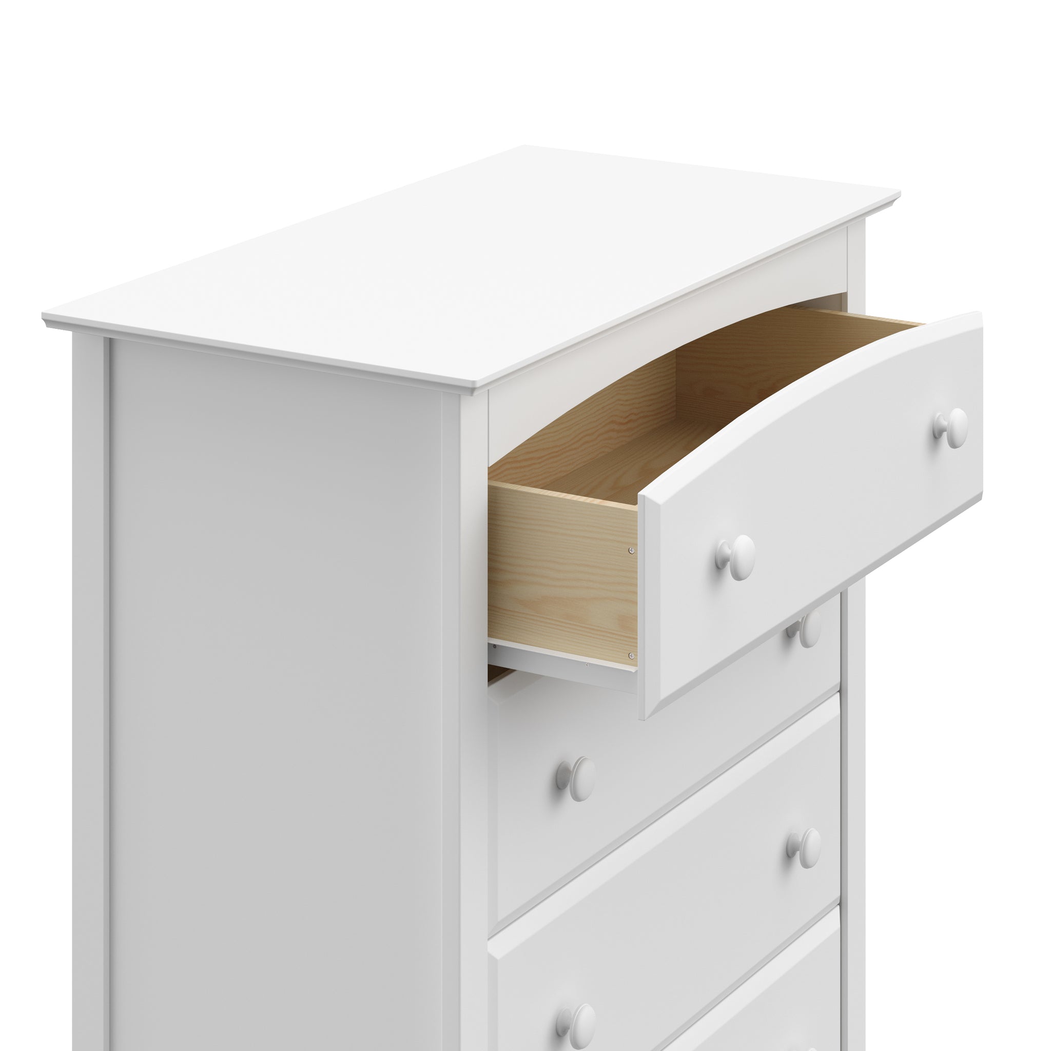 White 5 drawer chest with open drawer