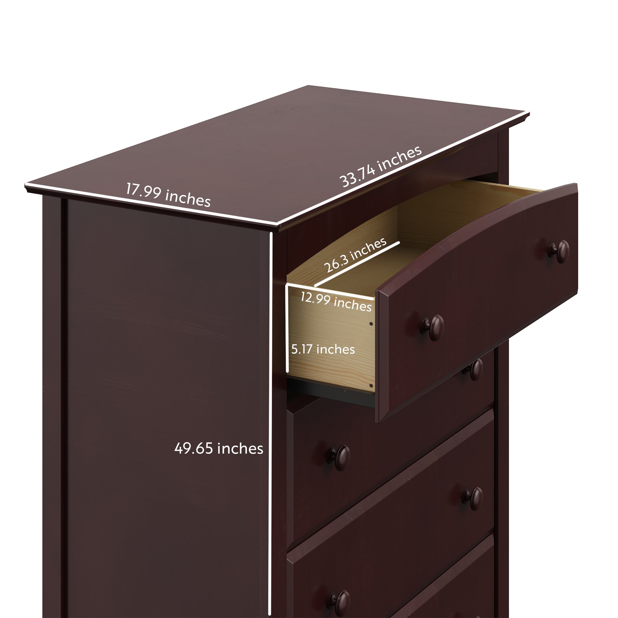 espresso 5 drawer chest with dimension