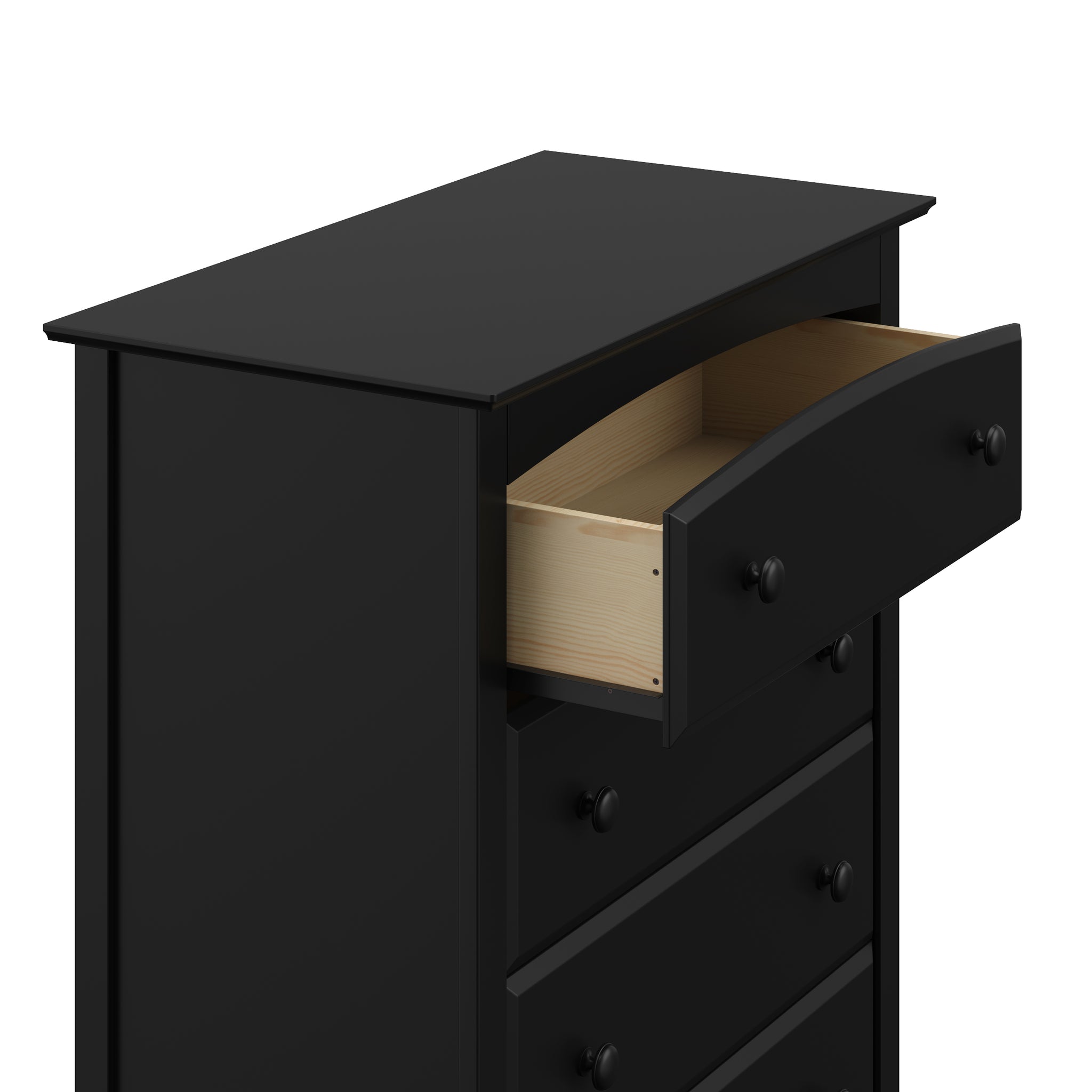 black 5 drawer chest with open drawer