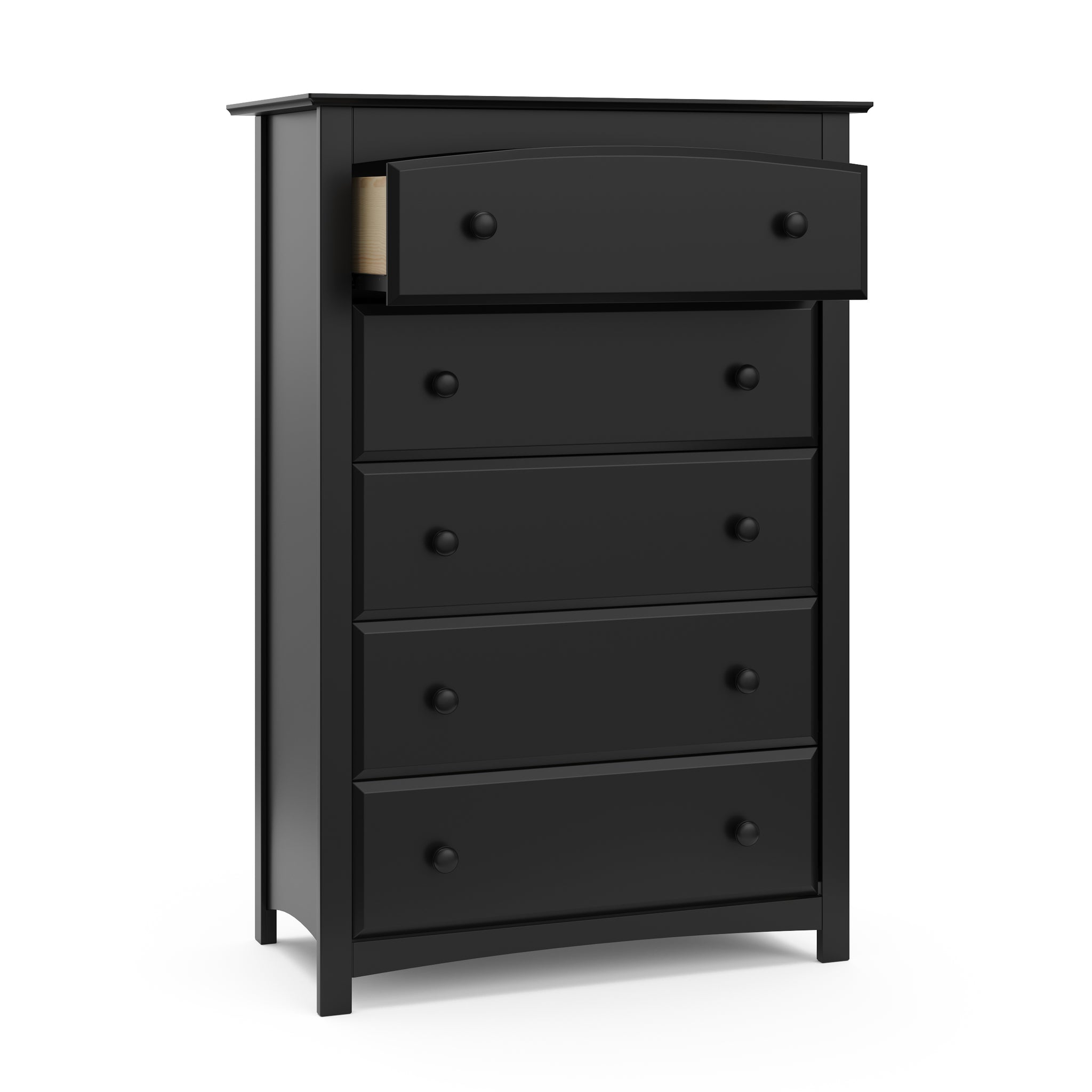 black 5 drawer chest with open drawer