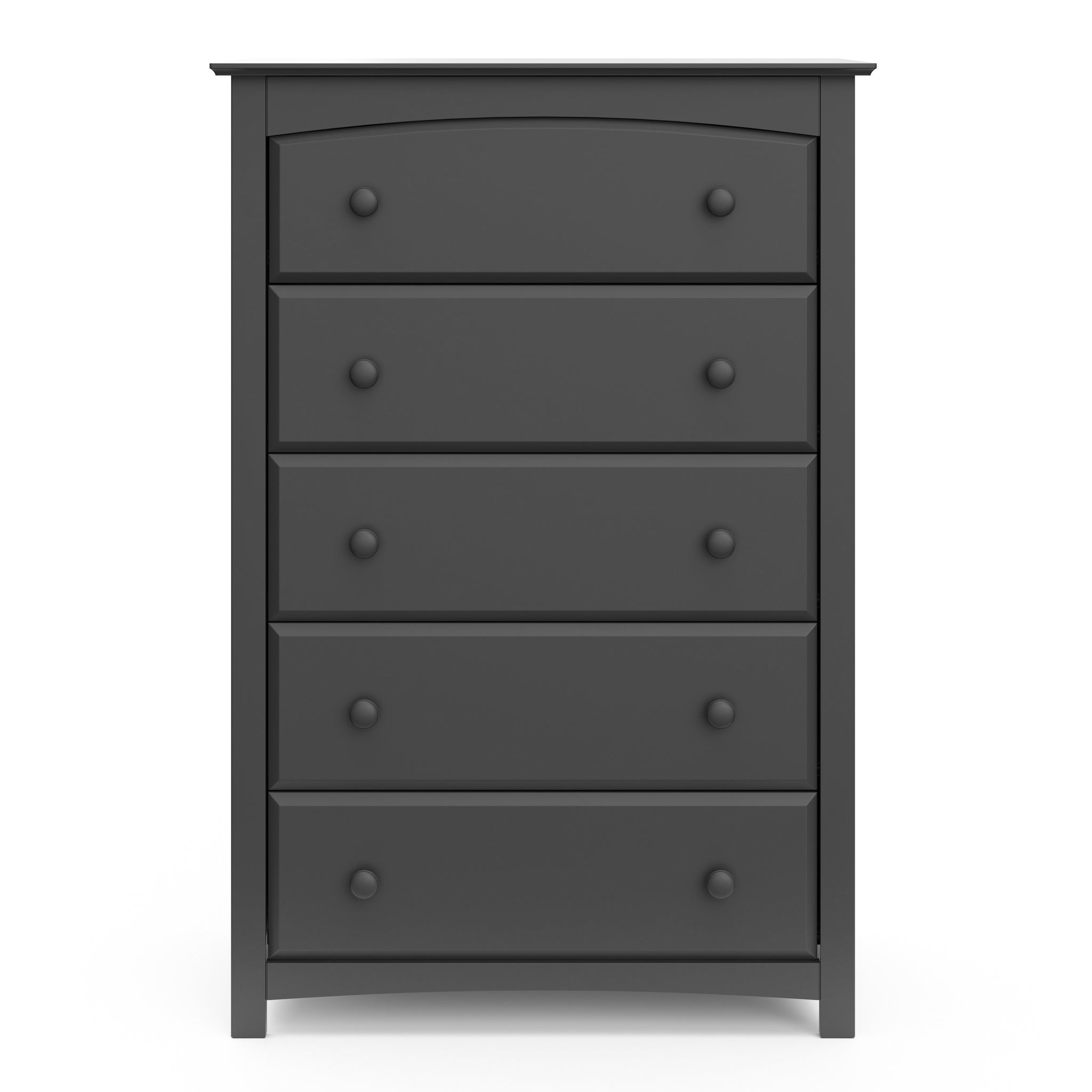 Front view of gray 5 drawer chest