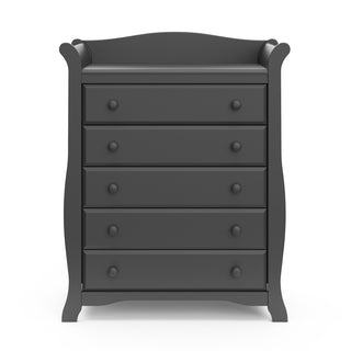 Front view of gray 5 drawer chest