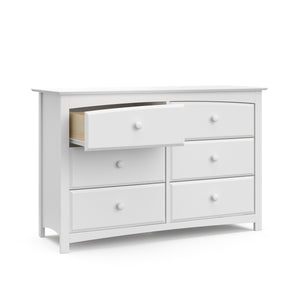 White 6 drawer dresser with open drawer 