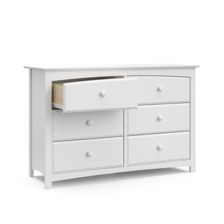 White 6 drawer dresser with open drawer 