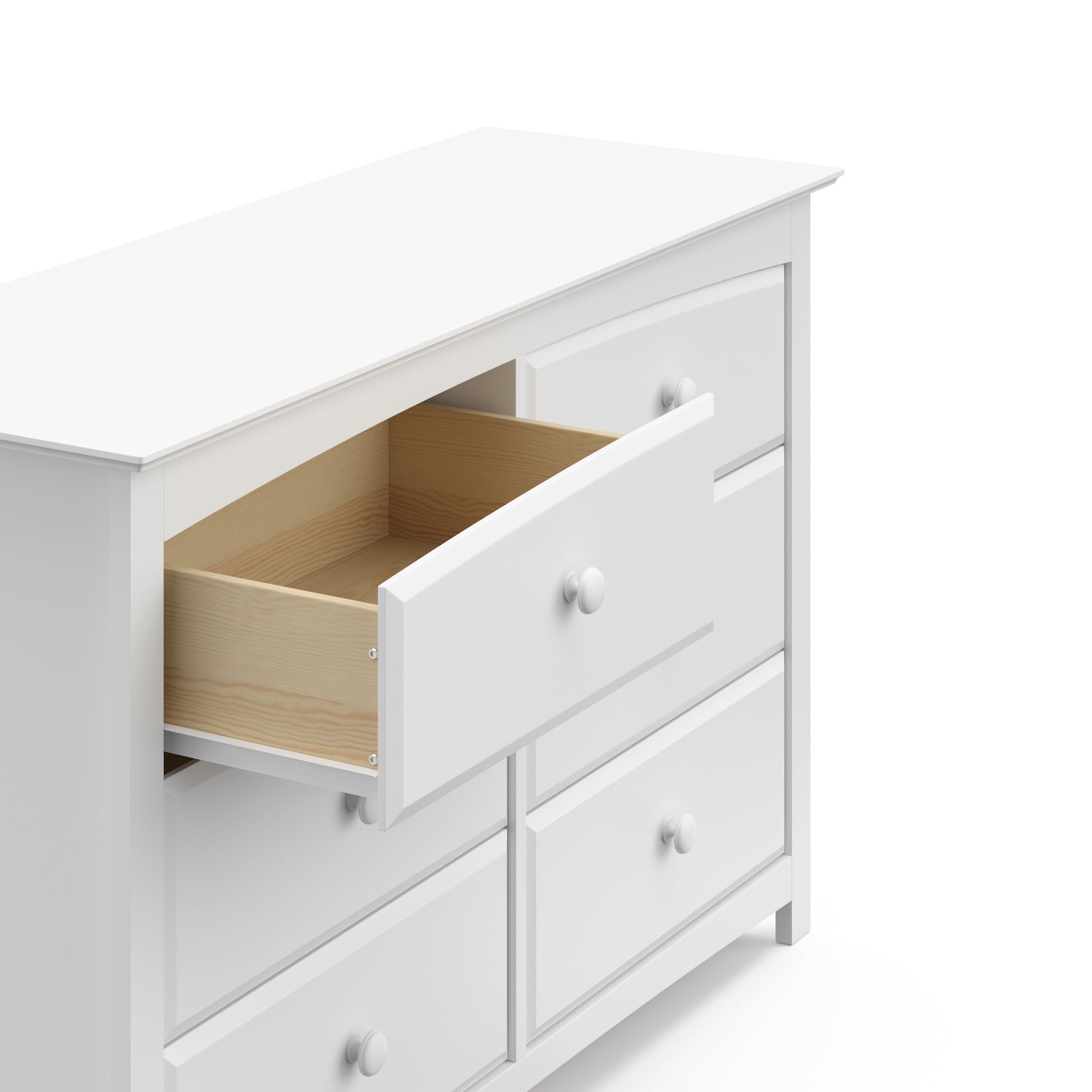 White 6 drawer dresser with open drawer angled view