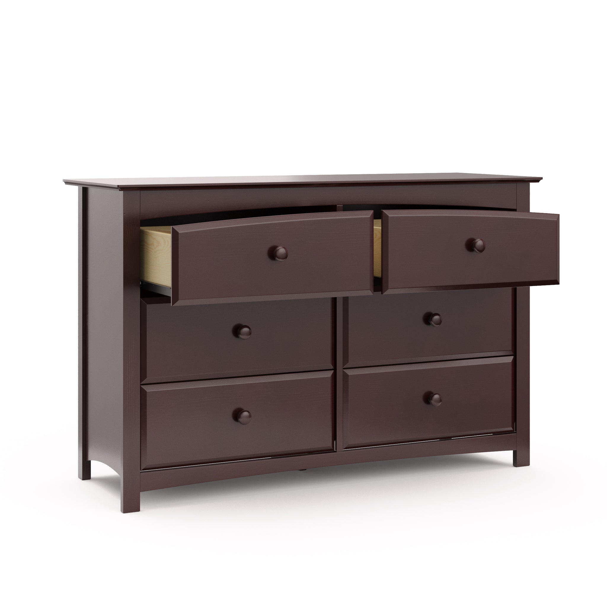 espresso 6 drawer dresser with 2 open drawers