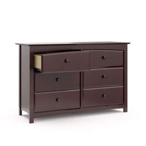 espresso 6 drawer dresser with open drawer