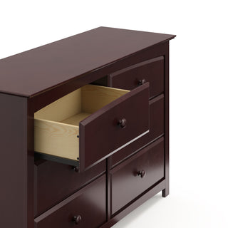 espresso 6 drawer dresser with open drawer close-up view