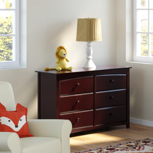 espresso 6 drawer dresser in nursery angled