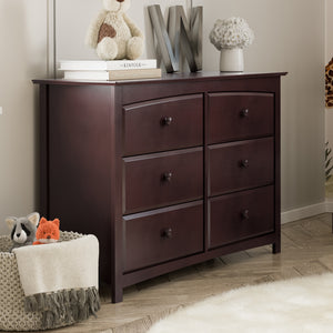 espresso 6 drawer dresser in nursery angled