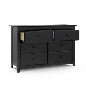 Black 6 drawer dresser with 2 open drawers