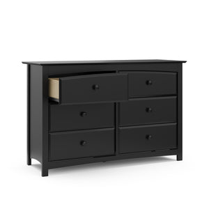 Black 6 drawer dresser with open drawer 