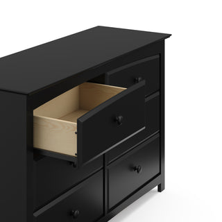 Black 6 drawer dresser with open drawer angled view