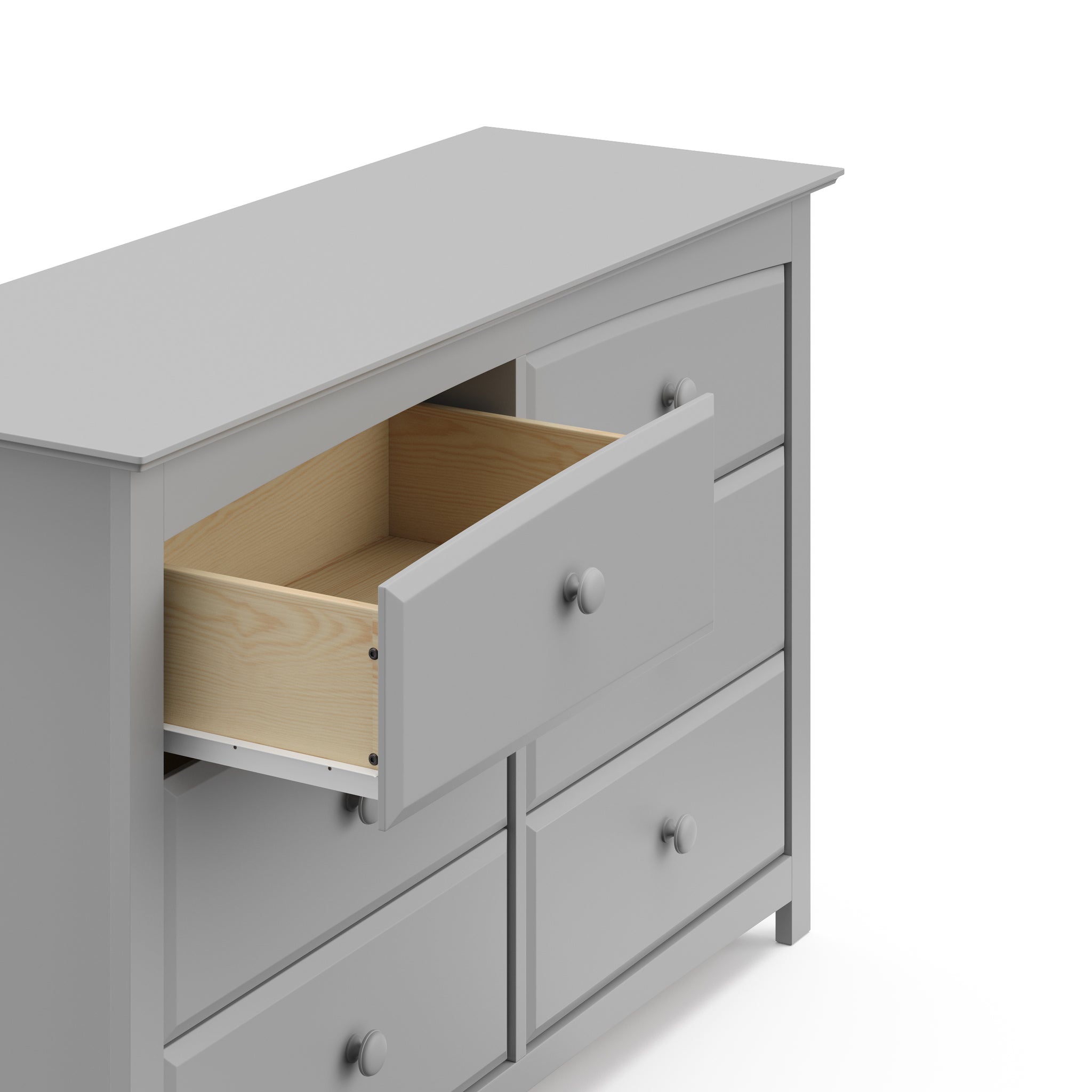 Pebble gray 6 drawer dresser with open drawer close-up view