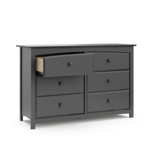 gray 6 drawer dresser with open drawer