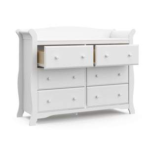 White 6 drawer dresser with 2 open drawers