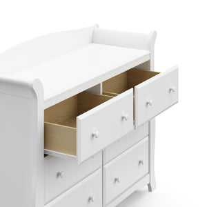 White 6 drawer dresser with 2 open drawers