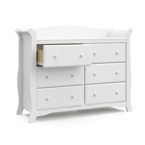 White 6 drawer dresser with open drawer angled view