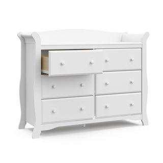 White 6 drawer dresser with open drawer angled view
