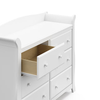 White 6 drawer dresser with open drawer 