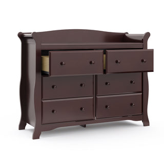 espresso 6 drawer dresser with 2 open drawers