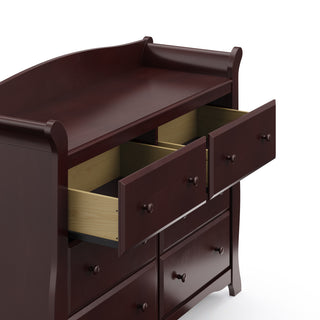 espresso 6 drawer dresser with 2 open drawers