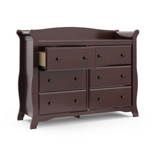 espresso 6 drawer dresser with open drawer