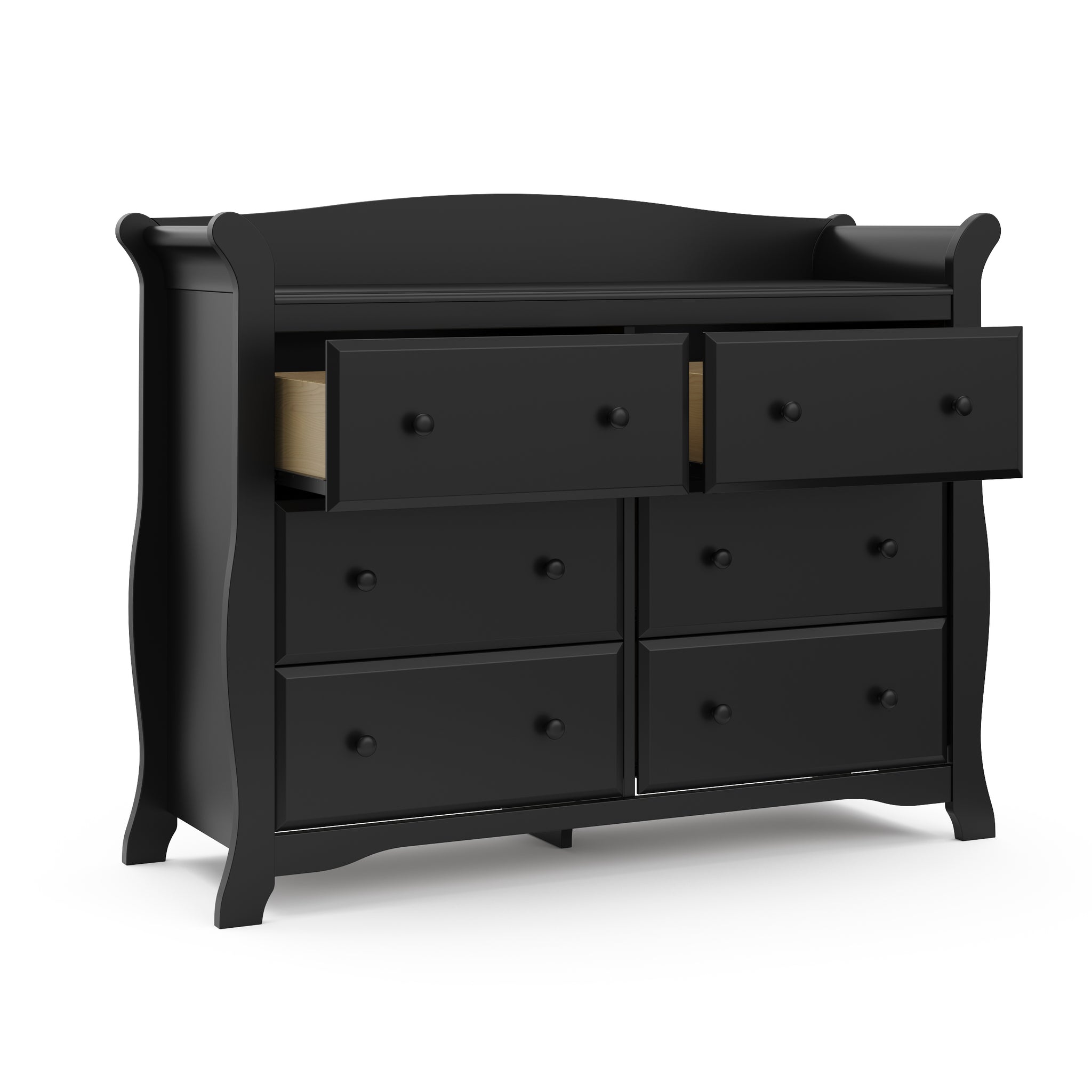 Black 6 drawer dresser with 2 open drawers