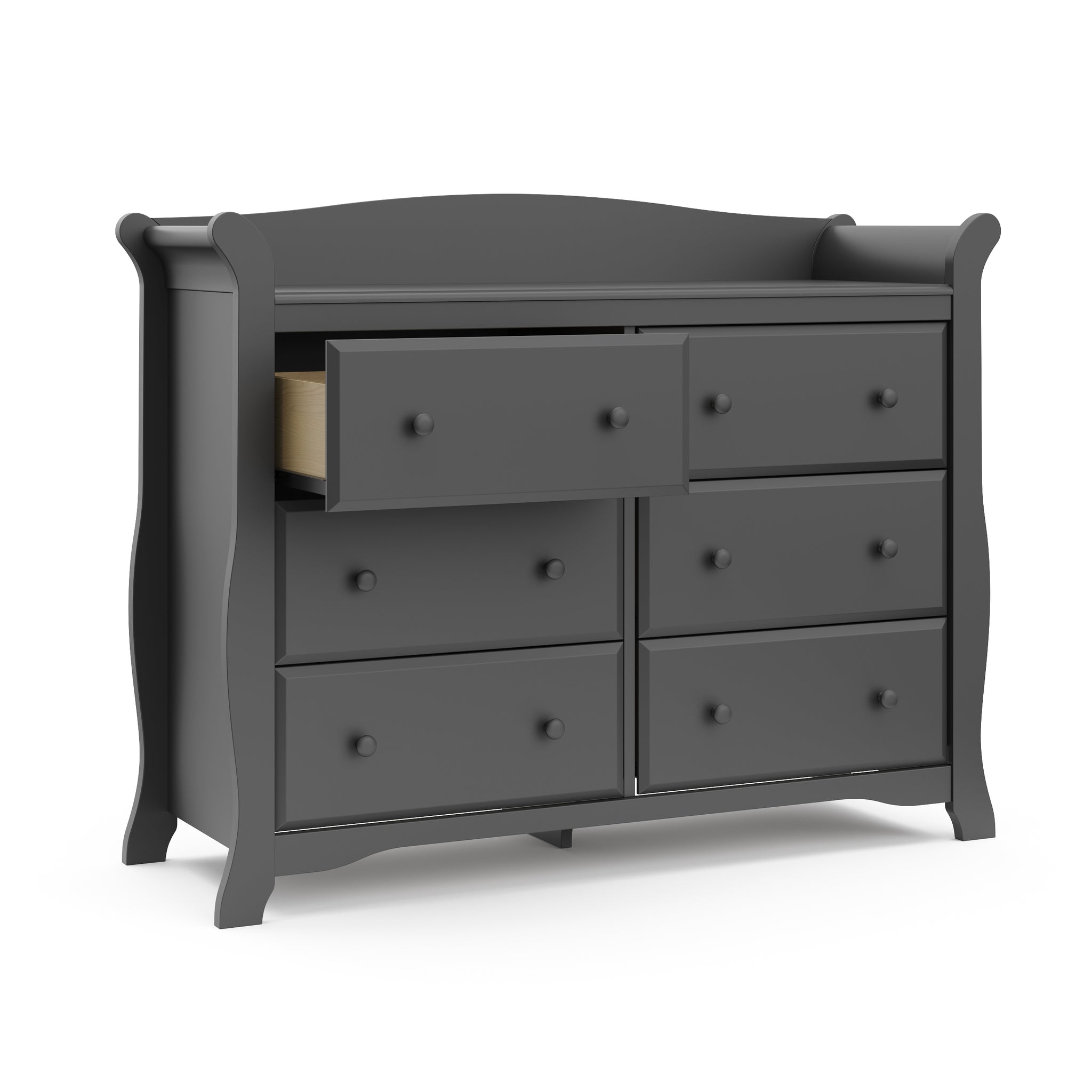 gray 6 drawer dresser with open drawer