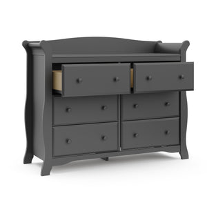 gray 6 drawer dresser with open drawers
