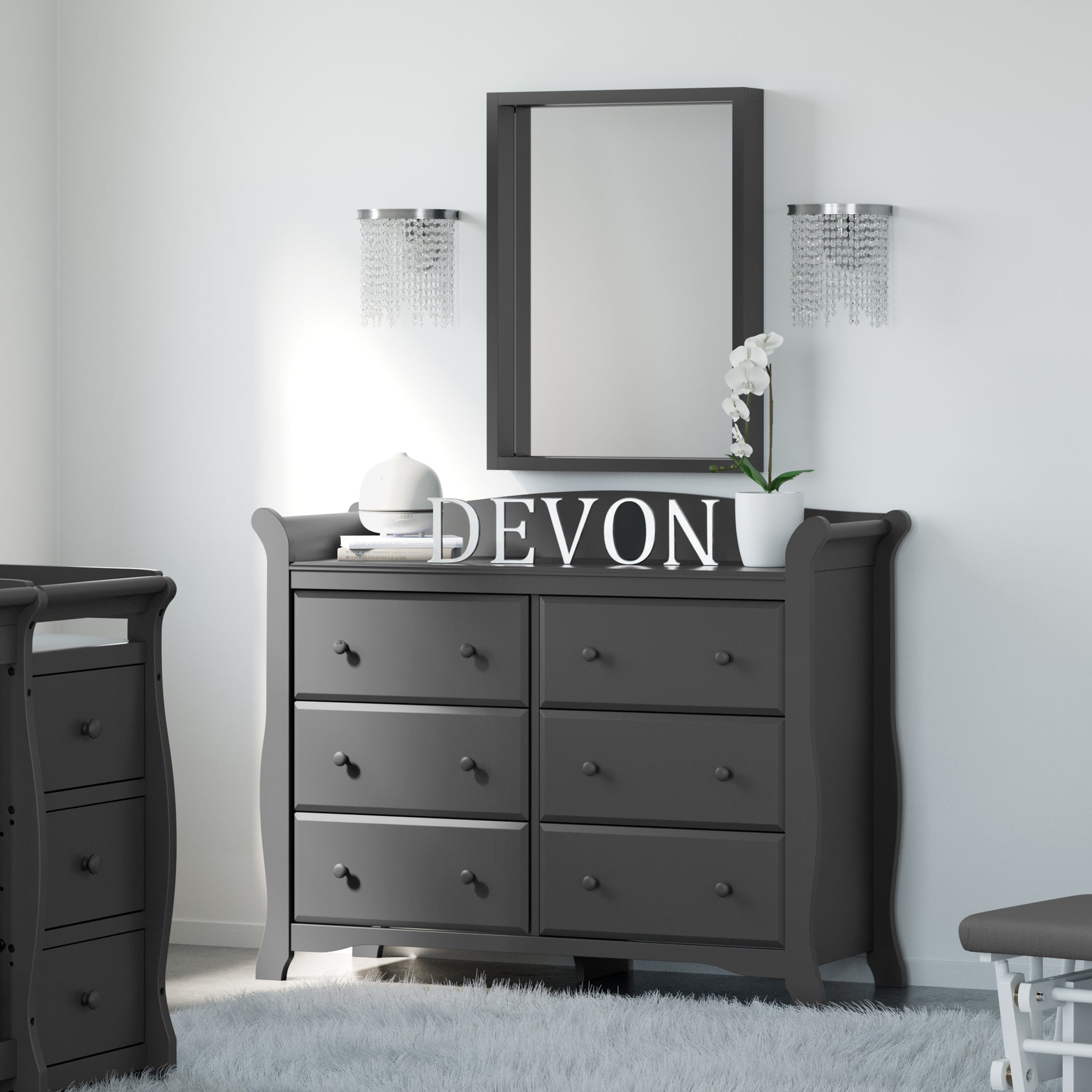 gray 6 drawer dresser in nursery