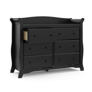 Black 6 drawer dresser with open drawer 
