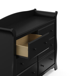 Black 6 drawer dresser with open drawer 