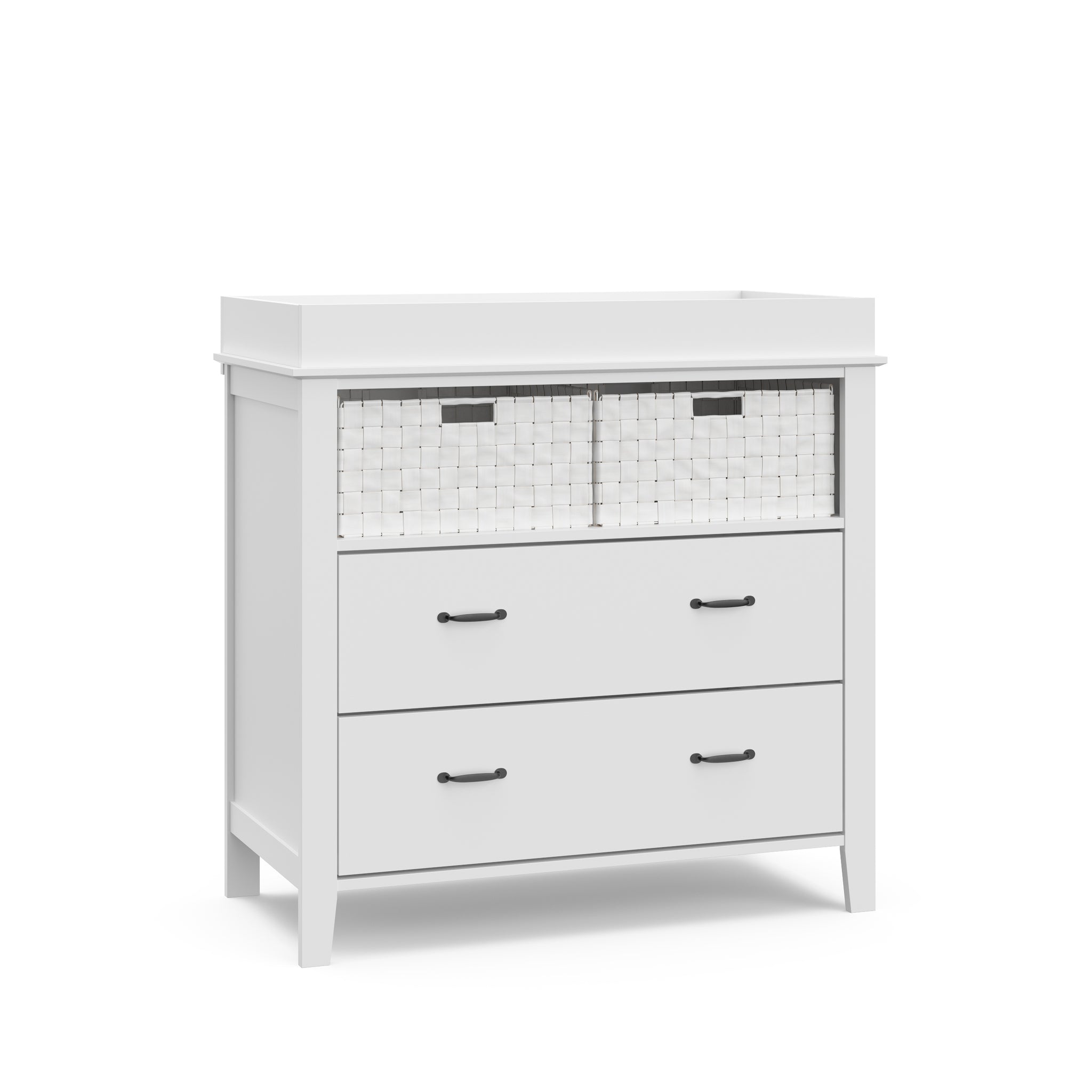 White 2 drawer chest angled with changing topper