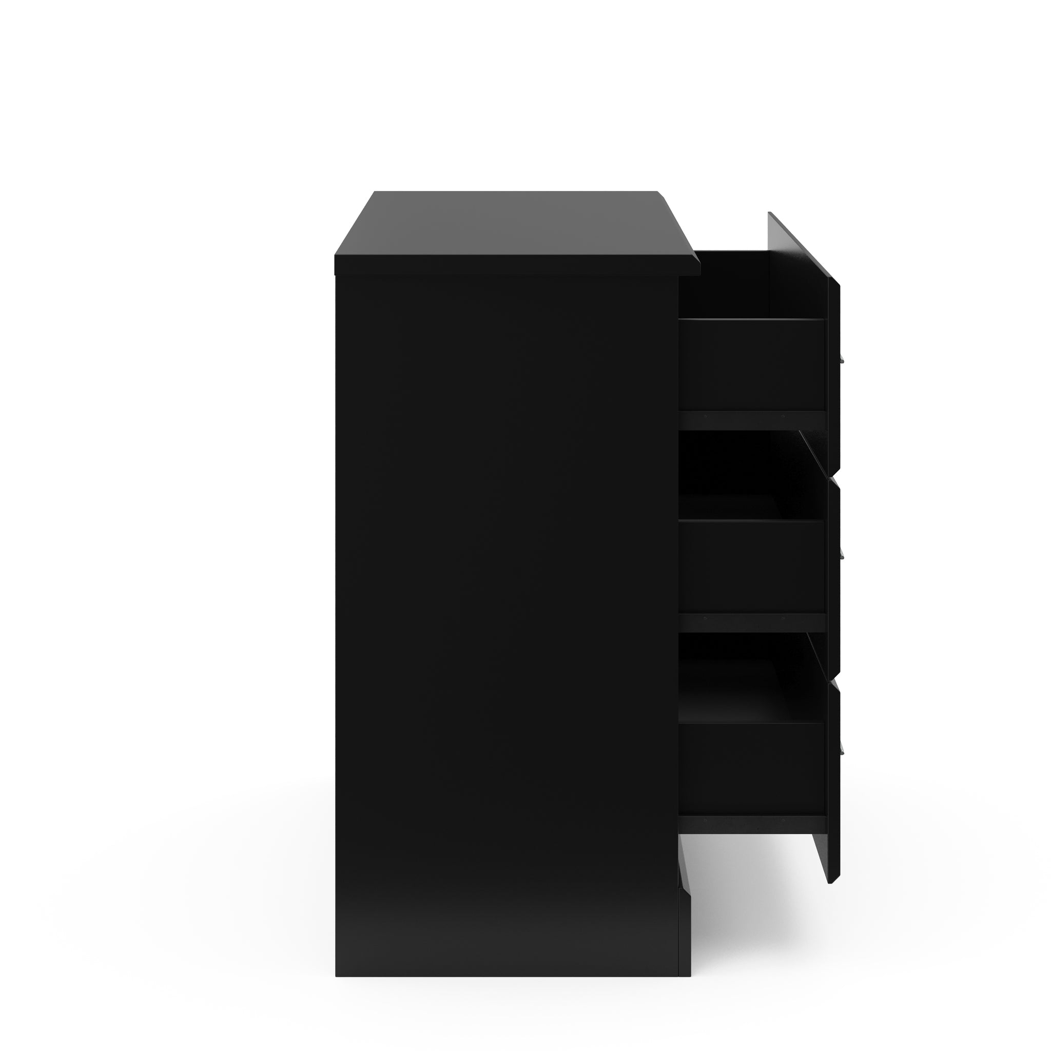 side view of black 3 drawer chest with three open drawers
