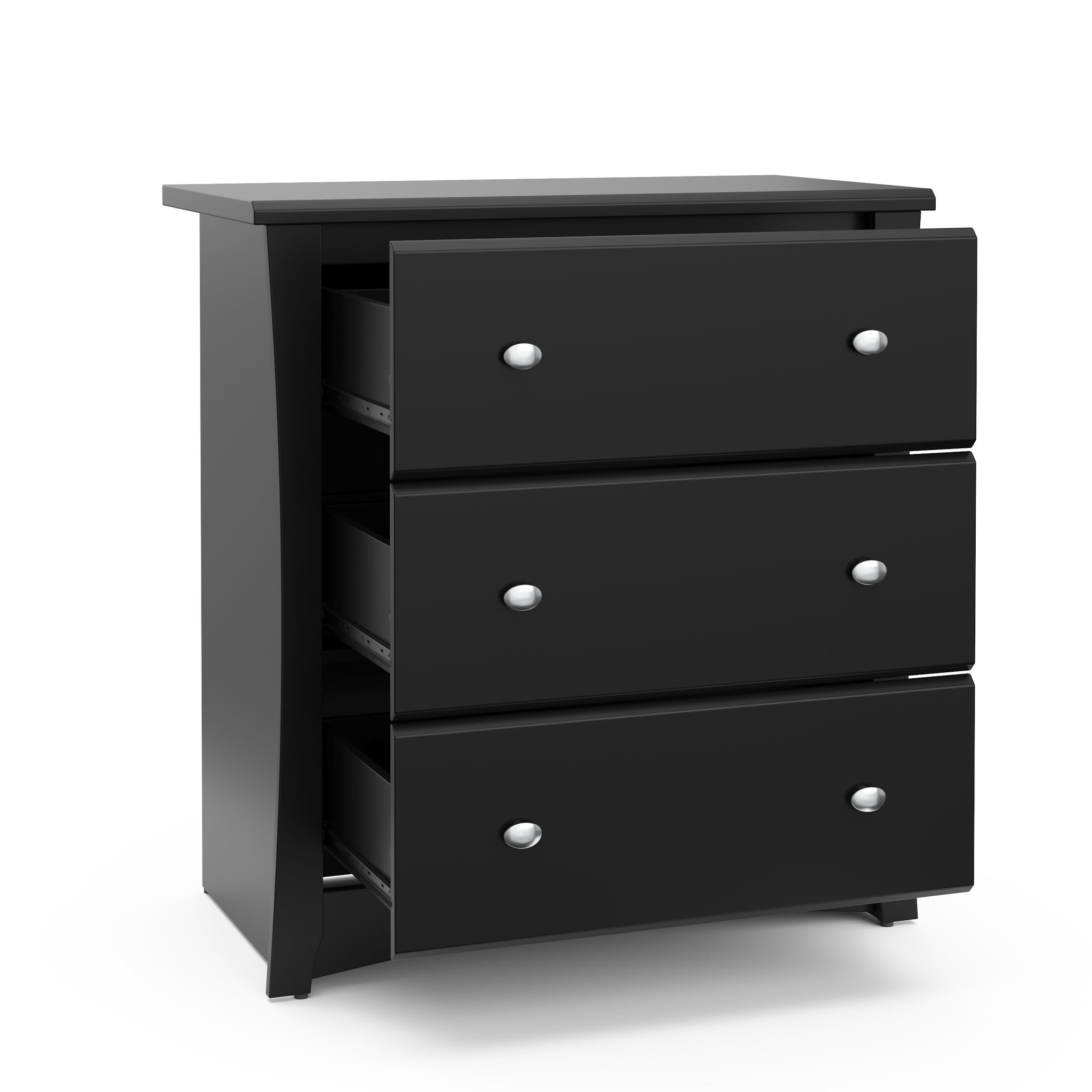 black 3 drawer chest with 3 open drawers