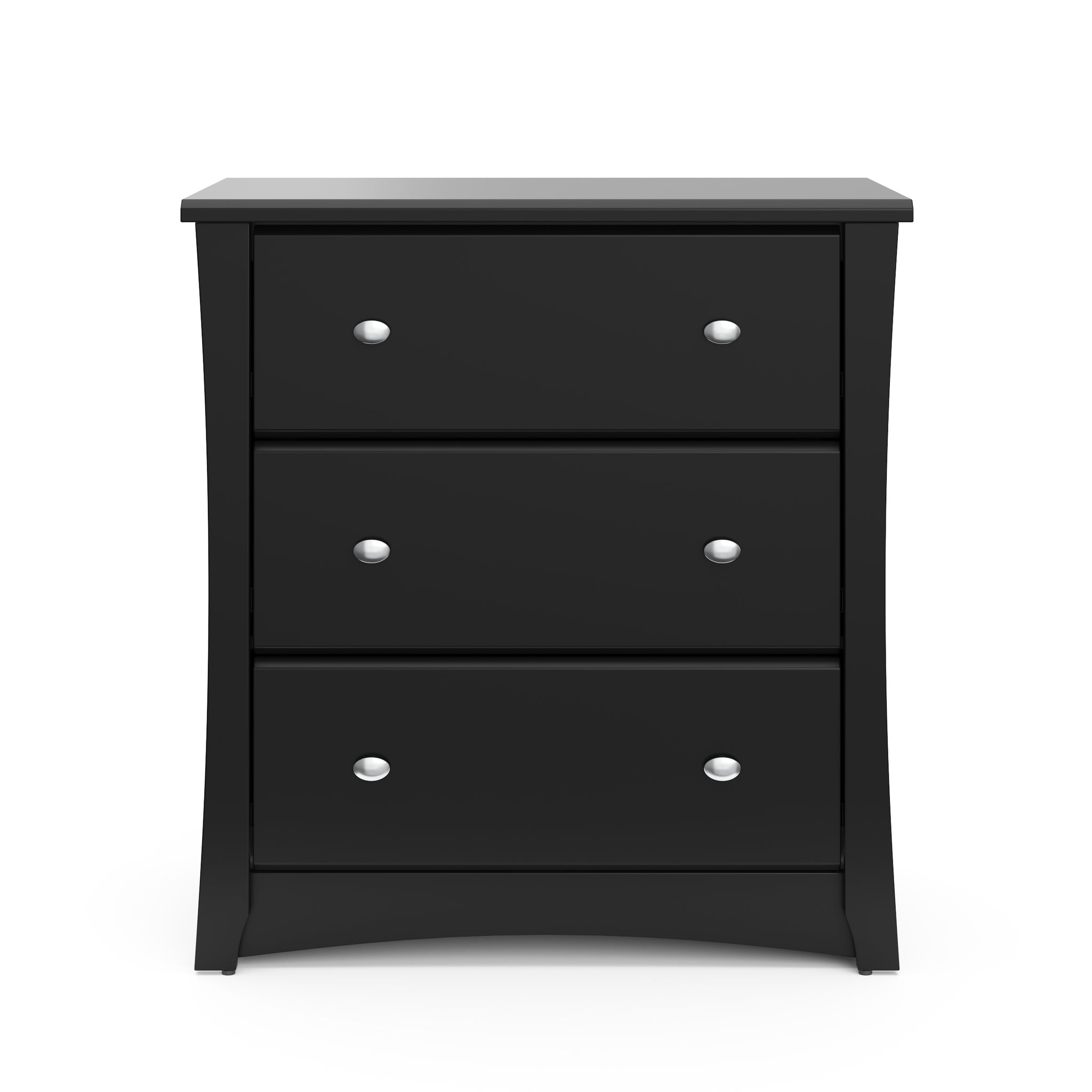 Front view of black 3 drawer chest