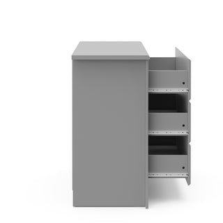 Side view of Pebble gray 3 drawer chest with 3 open drawers
