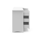 Side view of White 3 drawer chest with 3 open drawers